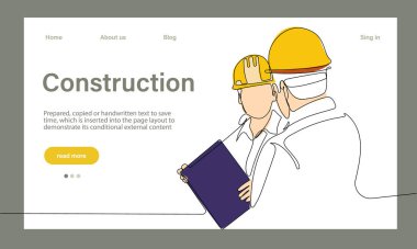 Mimarinin taşıyıcı iniş sayfası makine endüstriyel fabrikasında güvenlik için koruyucu yüz maskeleriyle çalışıyor. Minimum dizaynınız için sürekli bir çizgi çizimi