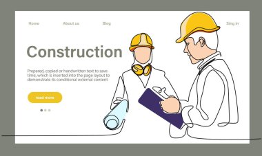 Mimarinin taşıyıcı iniş sayfası makine endüstriyel fabrikasında güvenlik için koruyucu yüz maskeleriyle çalışıyor. Minimum dizaynınız için sürekli bir çizgi çizimi