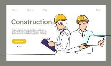 Mimarinin taşıyıcı iniş sayfası makine endüstriyel fabrikasında güvenlik için koruyucu yüz maskeleriyle çalışıyor. Minimum dizaynınız için sürekli bir çizgi çizimi