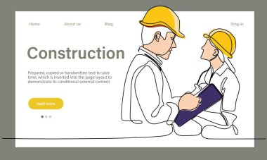 Mimarinin taşıyıcı iniş sayfası makine endüstriyel fabrikasında güvenlik için koruyucu yüz maskeleriyle çalışıyor. Minimum dizaynınız için sürekli bir çizgi çizimi