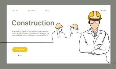 Mimarinin taşıyıcı iniş sayfası makine endüstriyel fabrikasında güvenlik için koruyucu yüz maskeleriyle çalışıyor. Minimum dizaynınız için sürekli bir çizgi çizimi