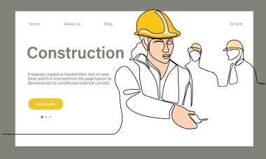 Mimarinin taşıyıcı iniş sayfası makine endüstriyel fabrikasında güvenlik için koruyucu yüz maskeleriyle çalışıyor. Minimum dizaynınız için sürekli bir çizgi çizimi