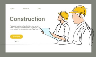 Mimarinin taşıyıcı iniş sayfası makine endüstriyel fabrikasında güvenlik için koruyucu yüz maskeleriyle çalışıyor. Minimum dizaynınız için sürekli bir çizgi çizimi