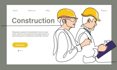 Mimarinin taşıyıcı iniş sayfası makine endüstriyel fabrikasında güvenlik için koruyucu yüz maskeleriyle çalışıyor. Minimum dizaynınız için sürekli bir çizgi çizimi