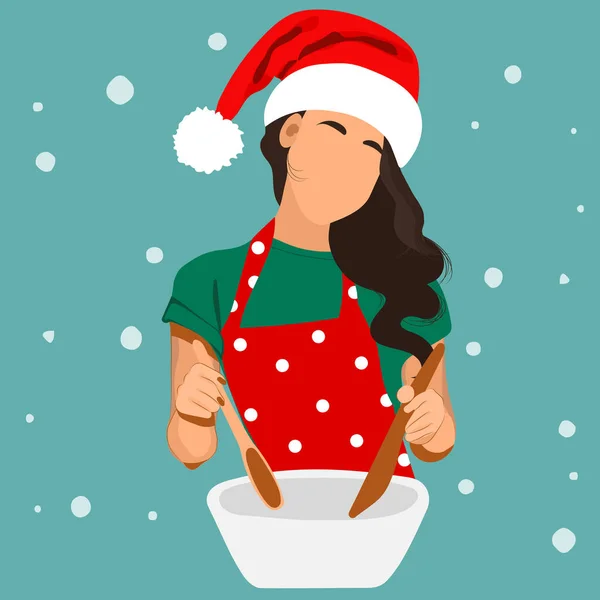 Noel Kadını Kurabiye Pişiriyor Noel Baba Şapkalı Mutlu Kadın Noel — Stok Vektör
