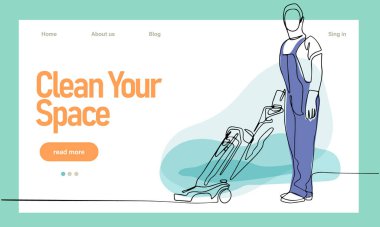 Ev temizlik servisi iniş sayfası tasarımı konsepti, temizlikçilerin temizlik aletleriyle çizimi. Vektör illüstrasyonu