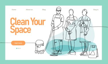 Ev temizlik servisi iniş sayfası tasarımı konsepti, temizlikçilerin temizlik aletleriyle çizimi. Vektör illüstrasyonu