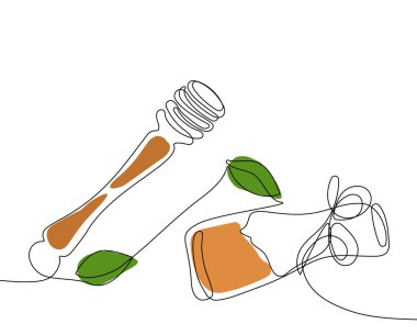 Continuous drawing of one line of bottles with oil or honey or lemon or lime juice for scrubbing and body skin care with natural herbal skin care products, top view of ingredients. Vector illustration