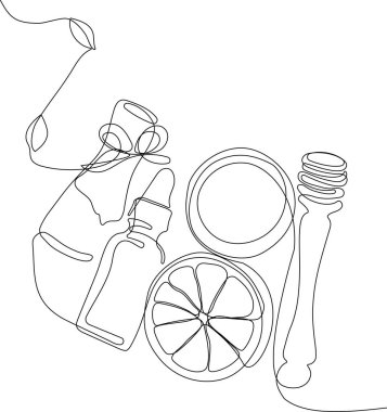 Yağlı, ballı, limonlu veya limonlu şişelerin sürekli çizimi ve doğal bitkisel cilt bakım ürünleriyle vücut bakımı, malzemelerin üst görünümü. Vektör illüstrasyonu