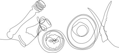 Continuous drawing of one line of bottles with oil or honey or lemon or lime juice for scrubbing and body skin care with natural herbal skin care products, top view of ingredients. Vector illustration