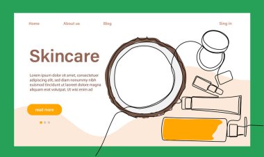 Deri bakımı konsepti. İniş sayfası şablonu. Sabah rutini. Banyo zamanı. Doğal bitkisel cilt bakım ürünleri ve vücut bakımı için organik ürünler, üst görünüm. Vektör illüstrasyonu