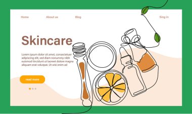 Deri bakımı konsepti. İniş sayfası şablonu. Sabah rutini. Banyo zamanı. Doğal bitkisel cilt bakım ürünleri ve vücut bakımı için organik ürünler, üst görünüm. Vektör illüstrasyonu