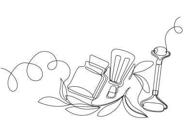 Yağlı, ballı, limonlu veya limonlu şişelerin sürekli çizimi ve doğal bitkisel cilt bakım ürünleriyle vücut bakımı, malzemelerin üst görünümü. Vektör illüstrasyonu