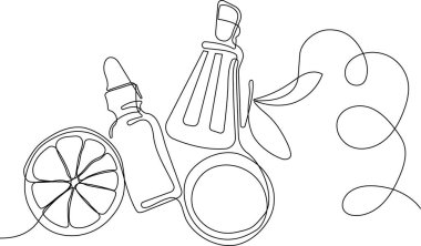 Yağlı, ballı, limonlu veya limonlu şişelerin sürekli çizimi ve doğal bitkisel cilt bakım ürünleriyle vücut bakımı, malzemelerin üst görünümü. Vektör illüstrasyonu