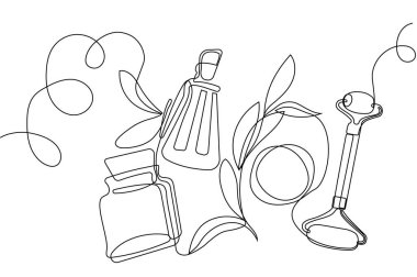 Yağlı, ballı, limonlu veya limonlu şişelerin sürekli çizimi ve doğal bitkisel cilt bakım ürünleriyle vücut bakımı, malzemelerin üst görünümü. Vektör illüstrasyonu