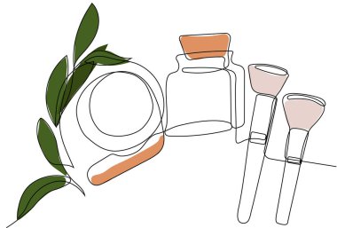 Continuous drawing of one line of bottles with oil or honey or lemon or lime juice for scrubbing and body skin care with natural herbal skin care products, top view of ingredients. Vector illustration