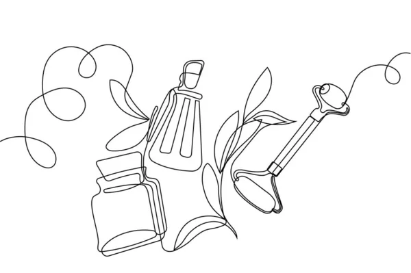 Continuous Drawing One Line Bottles Oil Honey Lemon Lime Juice — стоковый вектор
