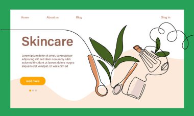 Skin care concept. Landing page template. Morning routine. Bath time. Organic products for scrubbing and body skin care with natural herbal skin care products, top view. Vector illustration