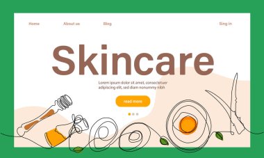 Deri bakımı konsepti. İniş sayfası şablonu. Sabah rutini. Banyo zamanı. Doğal bitkisel cilt bakım ürünleri ve vücut bakımı için organik ürünler, üst görünüm. Vektör illüstrasyonu