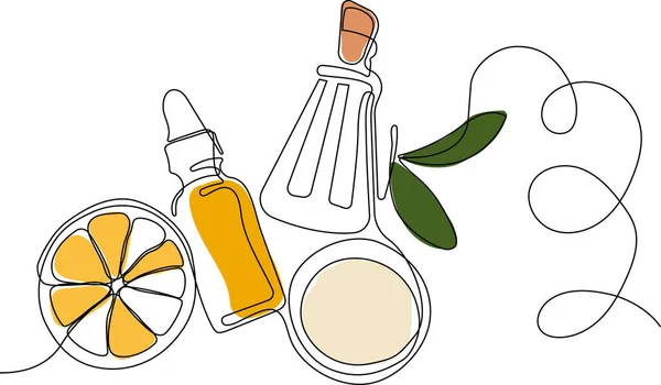 Continuous Drawing One Line Bottles Oil Honey Lemon Lime Juice — Stockvector
