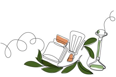 Continuous drawing of one line of bottles with oil or honey or lemon or lime juice for scrubbing and body skin care with natural herbal skin care products, top view of ingredients. Vector illustration