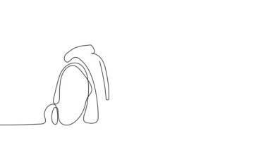 Ekip üyeleriyle plan tasarımı hakkında konuşmak için inşaat sahasında sürekli mimar toplantısının animasyon çizimi. Mimarlık konsepti. Tek çizgi animasyonu. Yüksek kalite 4k görüntü