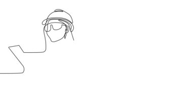 Ekip üyeleriyle plan tasarımı hakkında konuşmak için inşaat sahasında sürekli mimar toplantısının animasyon çizimi. Mimarlık konsepti. Tek çizgi animasyonu. Yüksek kalite 4k görüntü