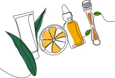 Yağlı, ballı, limonlu veya limonlu şişelerin sürekli çizimi ve doğal bitkisel cilt bakım ürünleriyle vücut bakımı, malzemelerin üst görünümü. Vektör illüstrasyonu