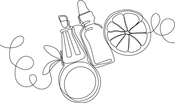 Continuous Drawing One Line Bottles Oil Honey Lemon Lime Juice — стоковый вектор