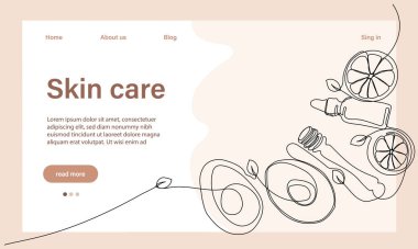 Deri bakımı konsepti. İniş sayfası şablonu. Sabah rutini. Banyo zamanı. Doğal bitkisel cilt bakım ürünleri ve vücut bakımı için organik ürünler, üst görünüm. Vektör illüstrasyonu