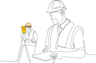 Kafasında miğfer olan genç beyaz işçiyi depoda dururken iş için tablet kullanırken yaklaş. Tripod ikonu olan bir araştırmacı. Jeodezik üçayak. Vektör illüstrasyonu