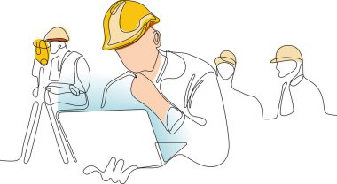 Close up of young Caucasian worker with helmet on head using tablet for work while standing in warehouse. Surveyor with a tripod icon. Geodesic tripod. Vector illustration clipart