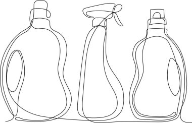 Sıvı çamaşır deterjanı, çamaşır suyu, yumuşatıcı, bulaşık deterjanı ya da başka bir temizlik maddesi için sürekli bir sıra şişe çizimi. Metin ve marka logonuzu yerleştirmek kolay. Vektör illüstrasyonu