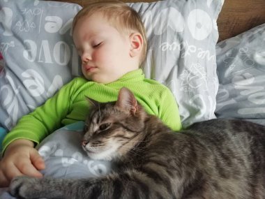 Bebek, beyaz örgü battaniyenin üzerinde kedi yavrusuyla uyuyor. Çocuk ve kedi. Çocuklar ve evcil hayvanlar. Hayvanı olan küçük çocuk. Evcil hayvanla sıcak bir kış akşamı. Çocuklar hayvanlarla oynar. Bebek ve kedi uyuyor..