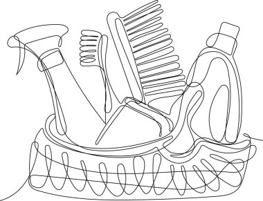 Sıvı çamaşır deterjanı, çamaşır suyu, yumuşatıcı, bulaşık deterjanı ya da başka bir temizlik maddesi için sürekli bir sıra şişe çizimi. Metin ve marka logonuzu yerleştirmek kolay. Vektör illüstrasyonu