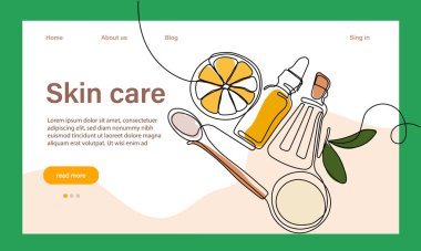 Deri bakımı konsepti. İniş sayfası şablonu. Sabah rutini. Banyo zamanı. Doğal bitkisel cilt bakım ürünleri ve vücut bakımı için organik ürünler, üst görünüm. Vektör illüstrasyonu