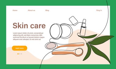 Deri bakımı konsepti. İniş sayfası şablonu. Sabah rutini. Banyo zamanı. Doğal bitkisel cilt bakım ürünleri ve vücut bakımı için organik ürünler, üst görünüm. Vektör illüstrasyonu