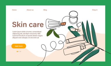 Deri bakımı konsepti. İniş sayfası şablonu. Sabah rutini. Banyo zamanı. Doğal bitkisel cilt bakım ürünleri ve vücut bakımı için organik ürünler, üst görünüm. Vektör illüstrasyonu