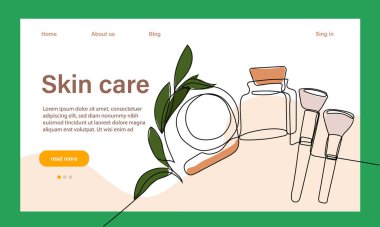 Deri bakımı konsepti. İniş sayfası şablonu. Sabah rutini. Banyo zamanı. Doğal bitkisel cilt bakım ürünleri ve vücut bakımı için organik ürünler, üst görünüm. Vektör illüstrasyonu