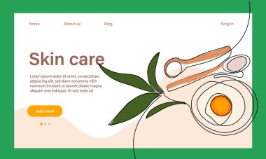 Deri bakımı konsepti. İniş sayfası şablonu. Sabah rutini. Banyo zamanı. Doğal bitkisel cilt bakım ürünleri ve vücut bakımı için organik ürünler, üst görünüm. Vektör illüstrasyonu