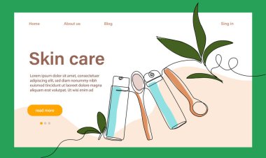 Deri bakımı konsepti. İniş sayfası şablonu. Sabah rutini. Banyo zamanı. Doğal bitkisel cilt bakım ürünleri ve vücut bakımı için organik ürünler, üst görünüm. Vektör illüstrasyonu