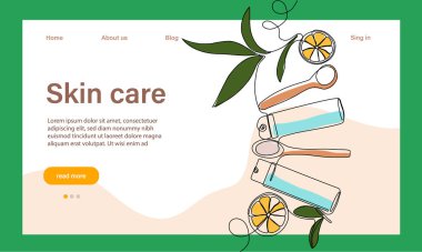 Deri bakımı konsepti. İniş sayfası şablonu. Sabah rutini. Banyo zamanı. Doğal bitkisel cilt bakım ürünleri ve vücut bakımı için organik ürünler, üst görünüm. Vektör illüstrasyonu