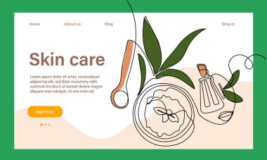 Deri bakımı konsepti. İniş sayfası şablonu. Sabah rutini. Banyo zamanı. Doğal bitkisel cilt bakım ürünleri ve vücut bakımı için organik ürünler, üst görünüm. Vektör illüstrasyonu