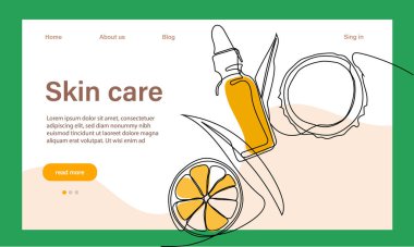 Deri bakımı konsepti. İniş sayfası şablonu. Sabah rutini. Banyo zamanı. Doğal bitkisel cilt bakım ürünleri ve vücut bakımı için organik ürünler, üst görünüm. Vektör illüstrasyonu