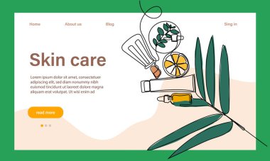 Deri bakımı konsepti. İniş sayfası şablonu. Sabah rutini. Banyo zamanı. Doğal bitkisel cilt bakım ürünleri ve vücut bakımı için organik ürünler, üst görünüm. Vektör illüstrasyonu