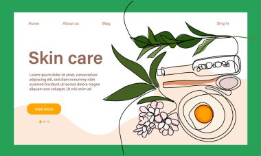 Deri bakımı konsepti. İniş sayfası şablonu. Sabah rutini. Banyo zamanı. Doğal bitkisel cilt bakım ürünleri ve vücut bakımı için organik ürünler, üst görünüm. Vektör illüstrasyonu