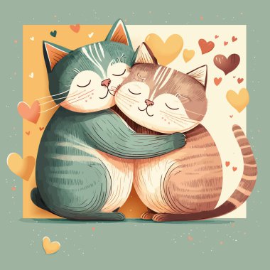 Çizgi film tarzındaki sevimli kedilerin vektör çizimi. Aşıklar birbirine sarılıyor. Kırmızı kalp. Sevgililer günü kartı, aşk kartı, yazılı tebrik kartı Benim için mükemmelsin.