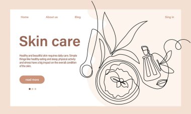 Deri bakımı konsepti. İniş sayfası şablonu. Sabah rutini. Banyo zamanı. Doğal bitkisel cilt bakım ürünleri ve vücut bakımı için organik ürünler, üst görünüm. Vektör illüstrasyonu