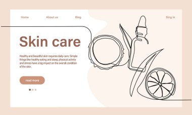 Deri bakımı konsepti. İniş sayfası şablonu. Sabah rutini. Banyo zamanı. Doğal bitkisel cilt bakım ürünleri ve vücut bakımı için organik ürünler, üst görünüm. Vektör illüstrasyonu