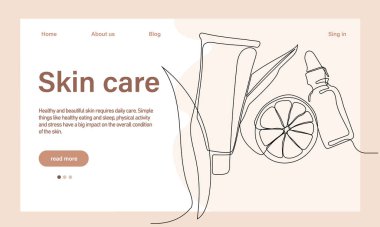 Deri bakımı konsepti. İniş sayfası şablonu. Sabah rutini. Banyo zamanı. Doğal bitkisel cilt bakım ürünleri ve vücut bakımı için organik ürünler, üst görünüm. Vektör illüstrasyonu